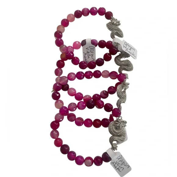 Pink Dragon Vein Agate Gemstone Bracelet, featuring a stunning silver dragon - Picture 4 of 5